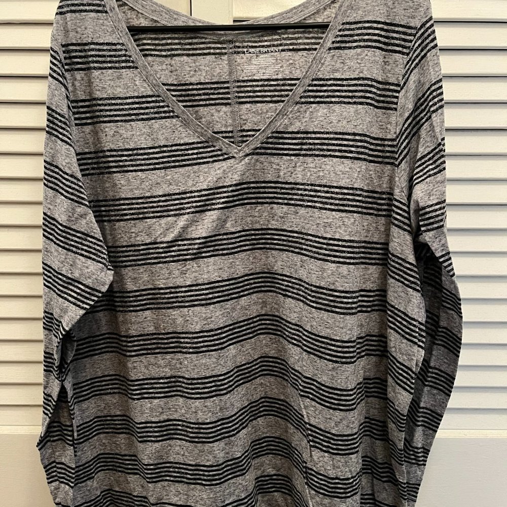 Gray and Black Striped V-Neck Tee